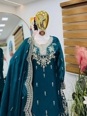 Teal fendy satin embroidered sharara suit set with dupatta 2