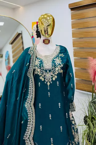 Teal fendy satin embroidered sharara suit set with dupatta