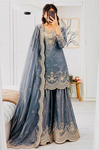 Greay fendy satin embroidered sharara suit set with dupatta