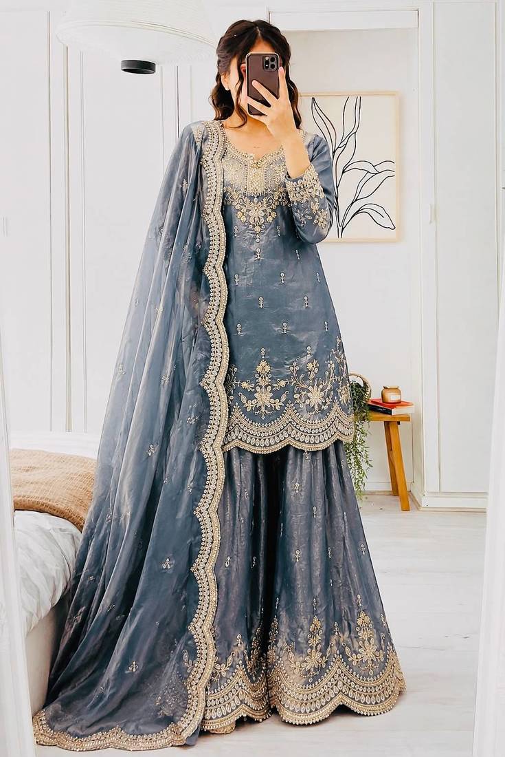 Greay fendy satin embroidered sharara suit set with dupatta
