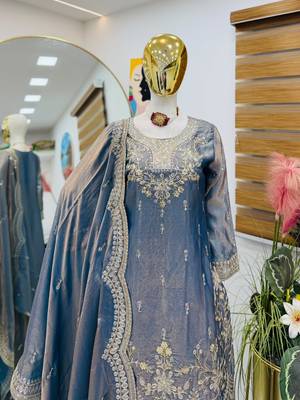 Greay fendy satin embroidered sharara suit set with dupatta 2
