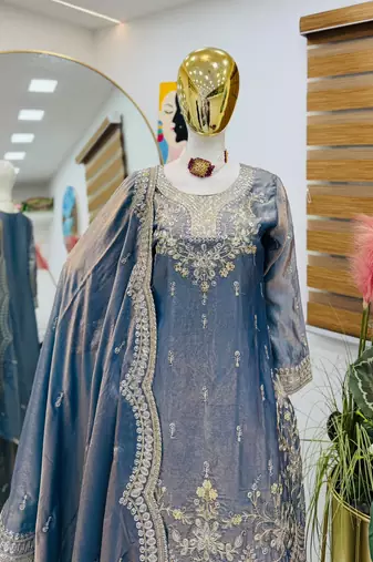 Greay fendy satin embroidered sharara suit set with dupatta
