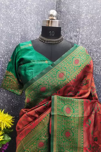 orange green art silk banarasi jacuard work designer saree with unstitched blouse piece