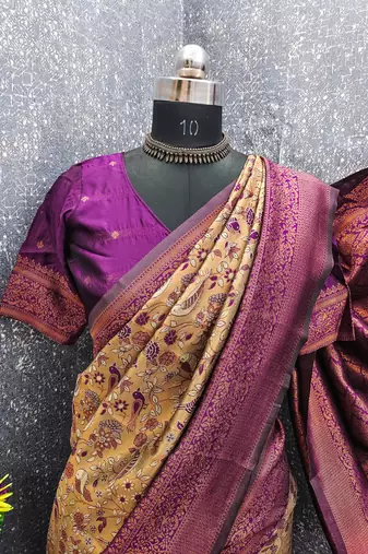 BEIGE WINE ART SILK BANARASI JACUARD WORK SAREE WITH UNSTITCHED BLOUSE PIECE
