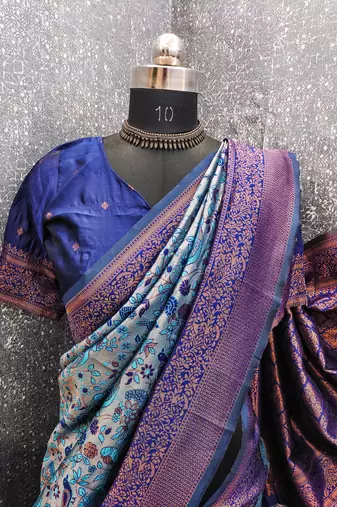 TURQUOISE  ART SILK BANARASI JACUARD WORK SAREE WITH UNSTITCHED BLOUSE PIECE