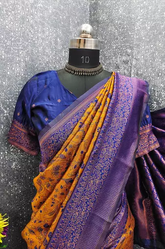 MUSTARD BLUE ART SILK BANARASI JACUARD WORK SAREE WITH UNSTITCHED BLOUSE PIECE