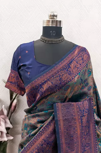TURQUOISE BLUE ART SILK BANARASI JACUARD WORK SAREE WITH UNSTITCHED BLOUSE PIECE