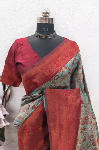 TURQUOISE RED ART SILK BANARASI JACUARD WORK SAREE WITH UNSTITCHED BLOUSE PIECE