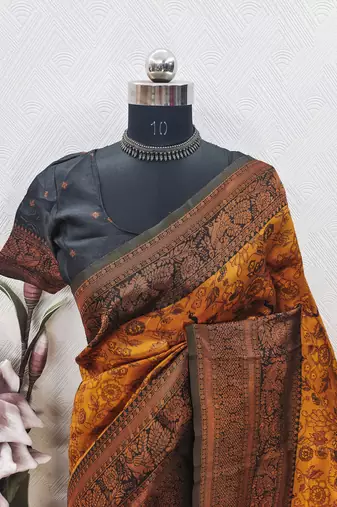 YELLOW BLACK ART SILK BANARASI JACUARD WORK SAREE WITH UNSTITCHED BLOUSE PIECE