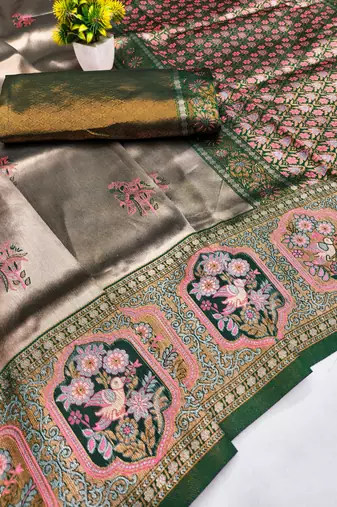 GREEN GAJRI ART SILK JACUARD WORK SAREE WITH UNSTITCHED BLOUSE PIECE