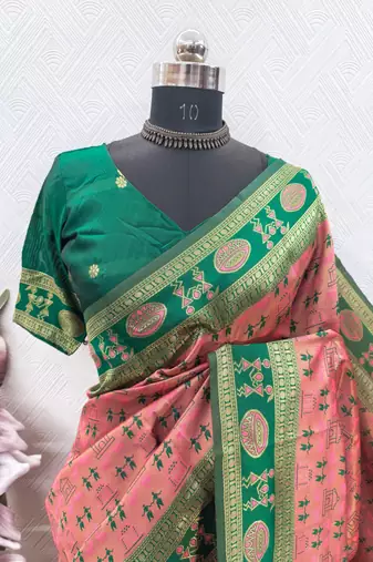PEACH GREEN ART SILK BANARASI JACUARD WORK SAREE WITH UNSTITCHED BLOUSE PIECE
