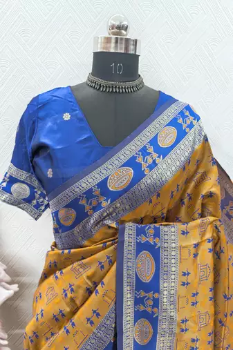 MUSTARD BLUE ART SILK BANARASI JACUARD WORK SAREE WITH UNSTITCHED BLOUSE PIECE