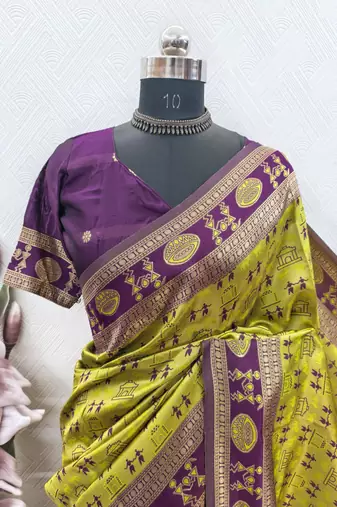 NEON WINE ART SILK BANARASI JACUARD WORK SAREE WITH UNSTITCHED BLOUSE PIECE
