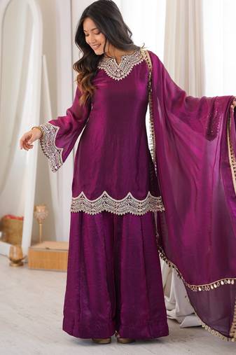 Fendy silk blend mirror work sharara suit set with dupatta