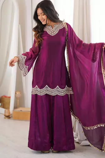 Fendy silk blend mirror work sharara suit set with dupatta