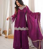 Fendy silk blend mirror work sharara suit set with dupatta