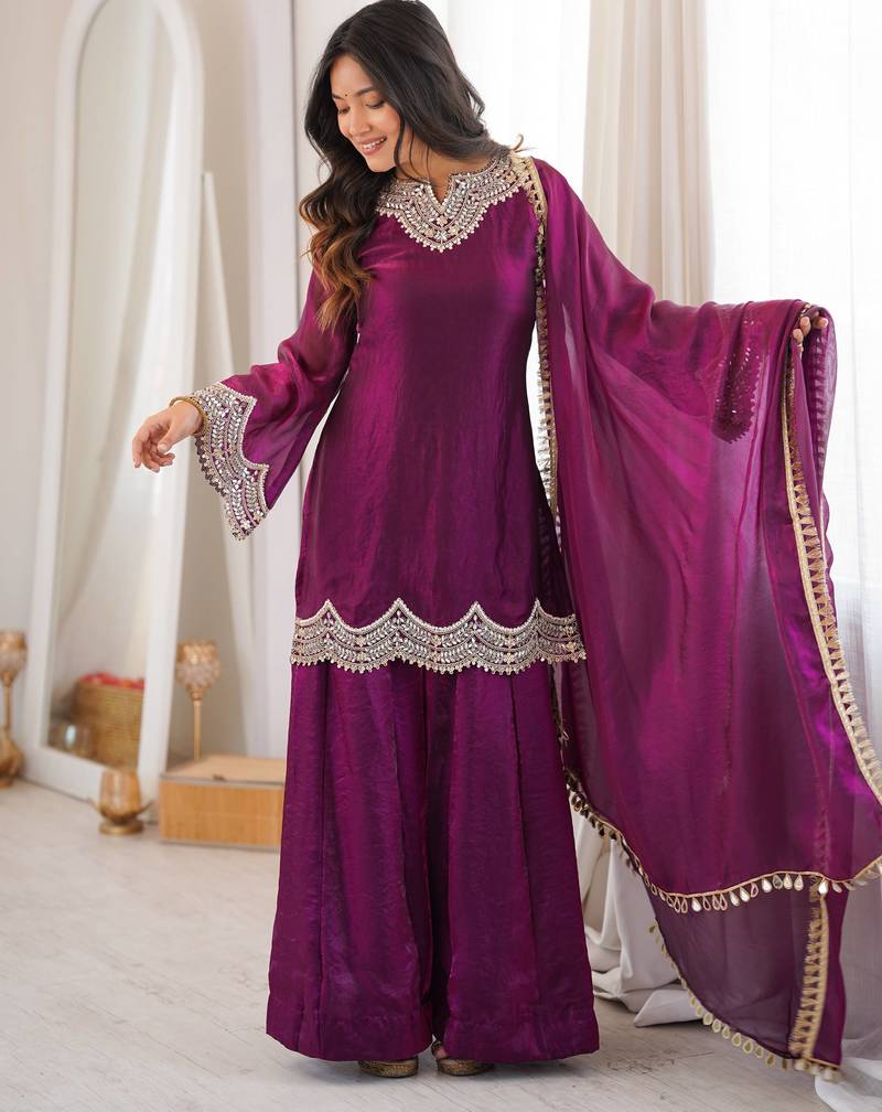 Fendy silk blend mirror work sharara suit set with dupatta
