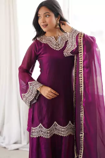 Fendy silk blend mirror work sharara suit set with dupatta