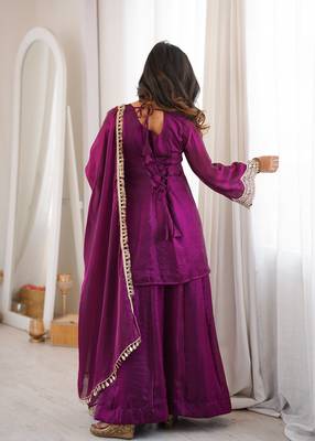 Fendy silk blend mirror work sharara suit set with dupatta 3