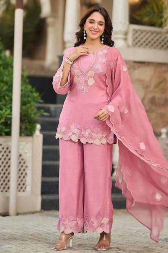 Pink natural satin embroidered sharara suit set with georgette dupatta