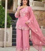 Pink natural satin embroidered sharara suit set with georgette dupatta