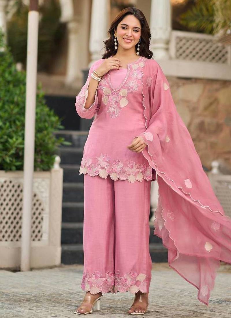 Pink natural satin embroidered sharara suit set with georgette dupatta