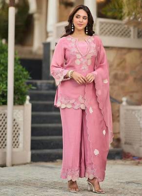 Pink natural satin embroidered sharara suit set with georgette dupatta 2