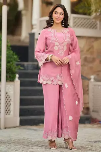 Pink natural satin embroidered sharara suit set with georgette dupatta
