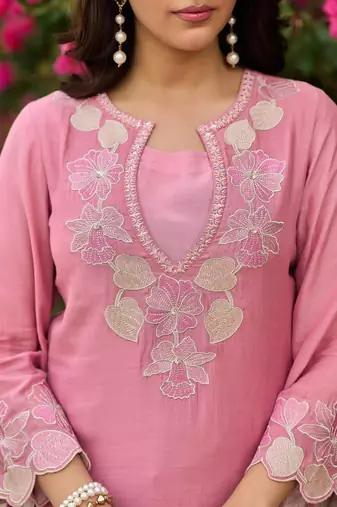 Pink natural satin embroidered sharara suit set with georgette dupatta