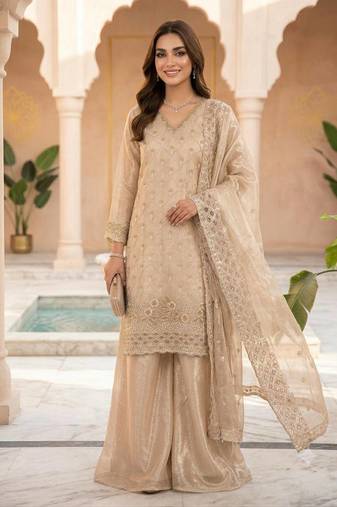 Gold fendy beads & sequin embroidered palazzo suit set