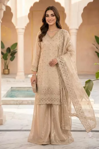 Gold fendy beads & sequin embroidered palazzo suit set