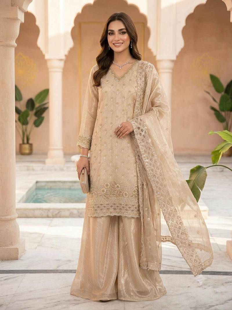 Gold fendy beads & sequin embroidered palazzo suit set