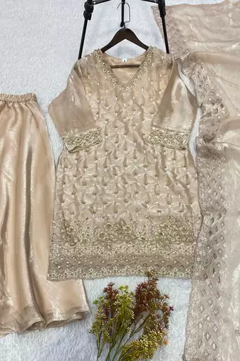 Gold fendy beads & sequin embroidered palazzo suit set