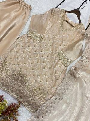 Gold fendy beads & sequin embroidered palazzo suit set 4