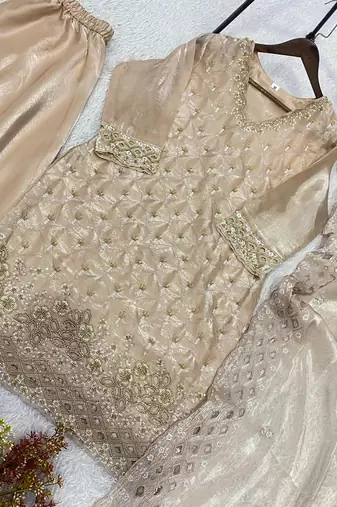 Gold fendy beads & sequin embroidered palazzo suit set