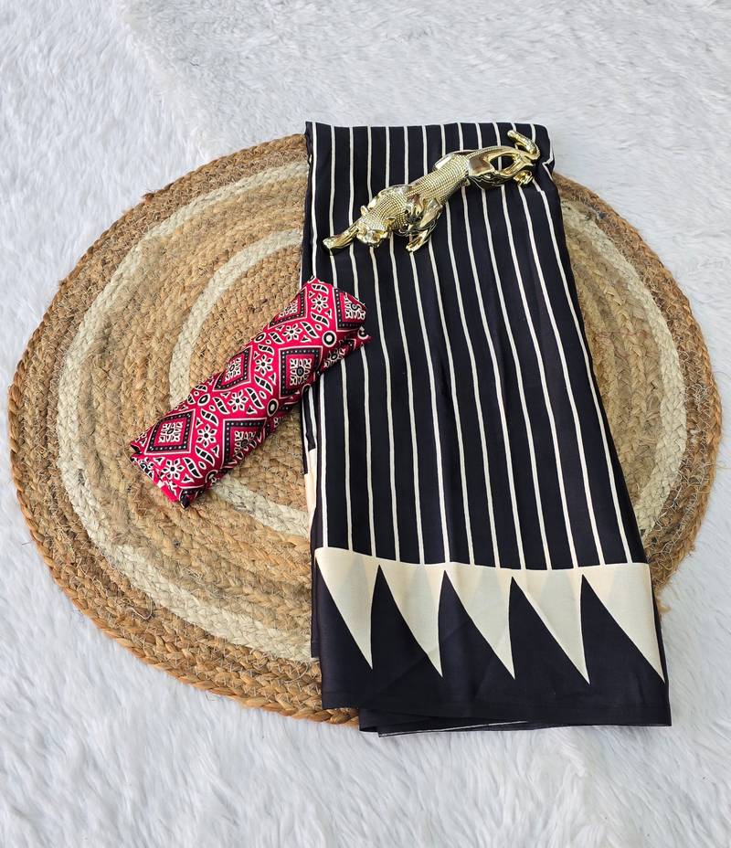 black japan satin silk blend ajrakh print saree with contrast blouse