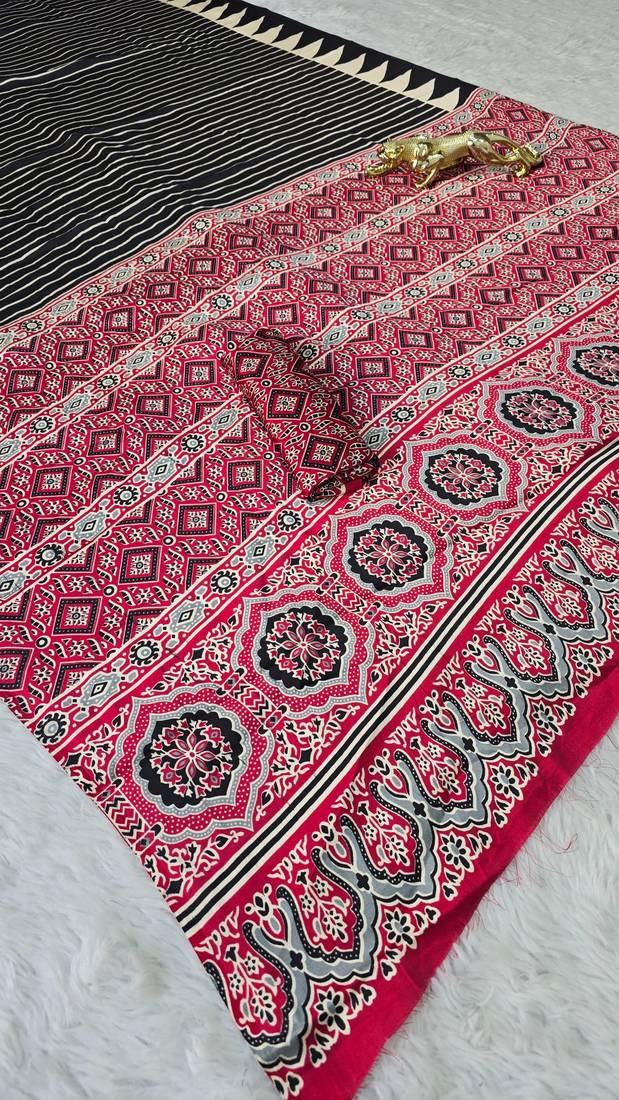 black japan satin silk blend ajrakh print saree with contrast blouse