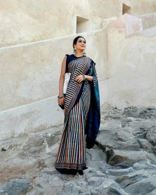 blue japan satin silk blend ajrakh print saree with contrast blouse 1