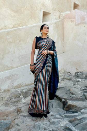 blue japan satin silk blend ajrakh print saree with contrast blouse