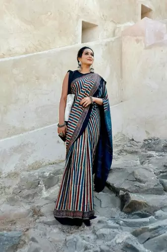 blue japan satin silk blend ajrakh print saree with contrast blouse