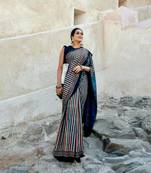blue japan satin silk blend ajrakh print saree with contrast blouse