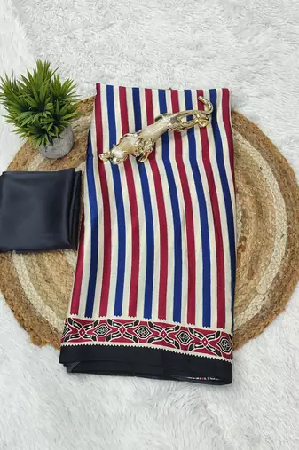 blue japan satin silk blend ajrakh print saree with contrast blouse