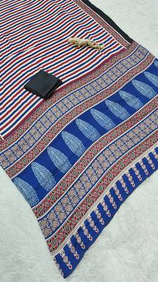 blue japan satin silk blend ajrakh print saree with contrast blouse 3
