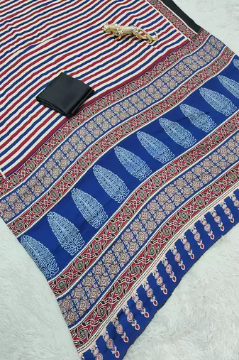 blue japan satin silk blend ajrakh print saree with contrast blouse
