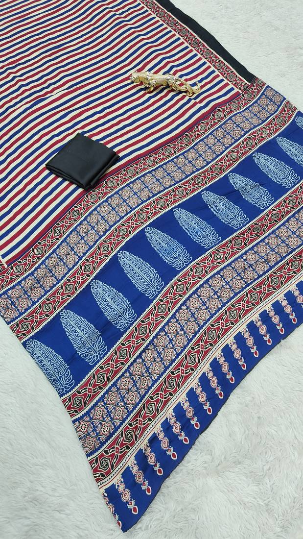 blue japan satin silk blend ajrakh print saree with contrast blouse