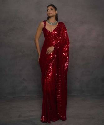red georgette embroidered sequin saree with designer blouse 1