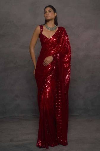red georgette embroidered sequin saree with designer blouse