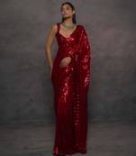 red georgette embroidered sequin saree with designer blouse