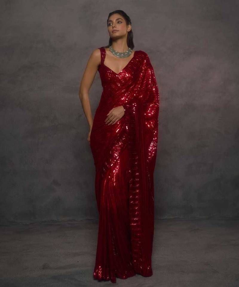 red georgette embroidered sequin saree with designer blouse