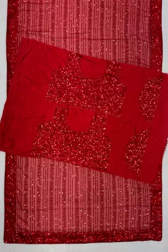 red georgette embroidered sequin saree with designer blouse